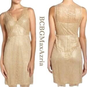 BCBGMaxAzria Sheer Gold Lace BodyCon Party Event Dress NWOT Size 4
